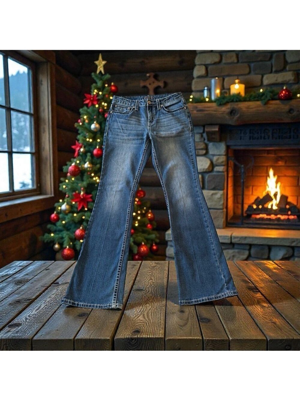 Shyanne Bootcut Jeans Womens 30 R BLUE Bling Embroidered Pockets Distressed Hem